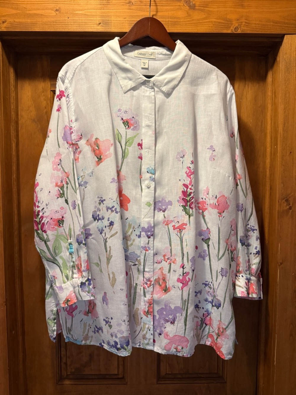 Coldwater Creek White Linen Floral Button-Front Shirt